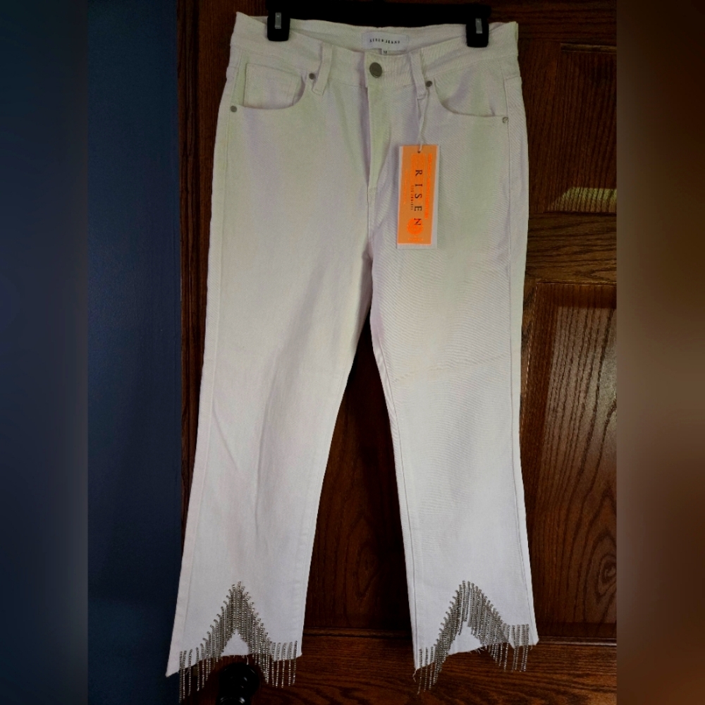 Risen White denim jeans w/rhinestone detail